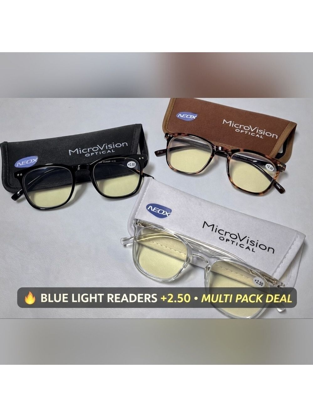 Blue Light Blocking Reading Glasses +2.50 | MicroVision Optical 3-Pack w/ Cases